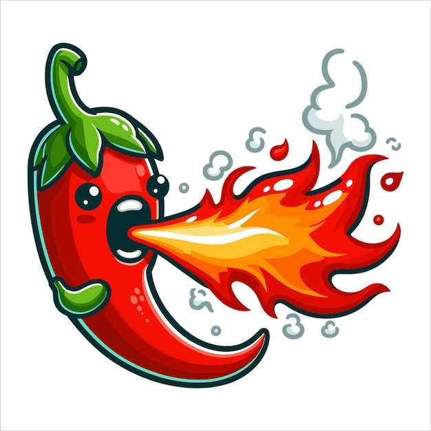 Vector cartoon chili pepper breathing fire vector illustration