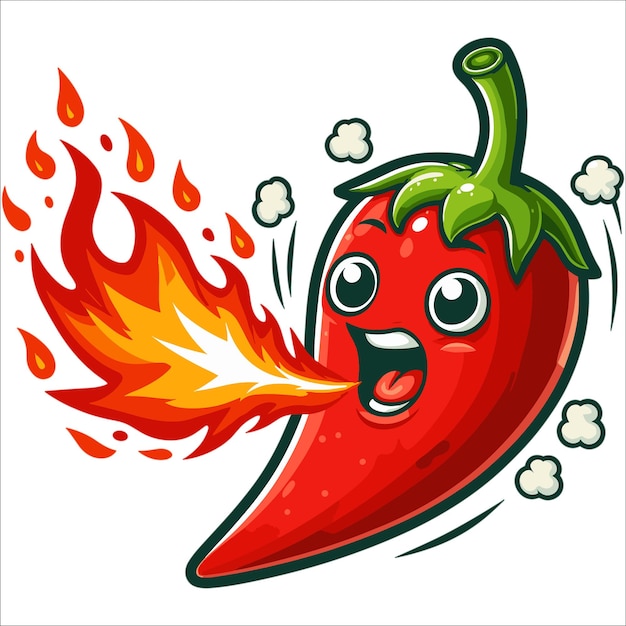 Vector cartoon chili pepper breathing fire vector illustration