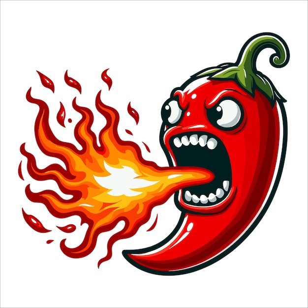 Vector cartoon chili pepper breathing fire vector illustration