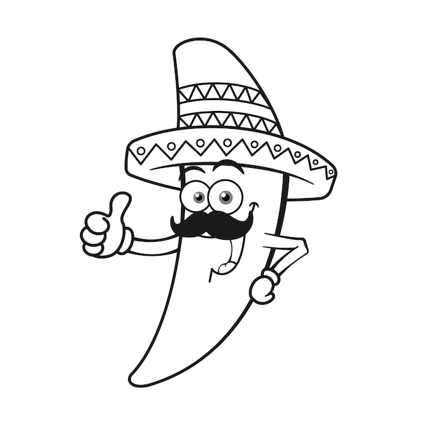 Cartoon Chilli Pepper Wearing Sombrero Hat Outline