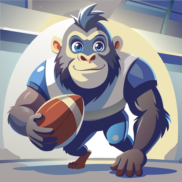 A cartoon chimpanzee wearing a blue and white jersey holds a football in a stadium