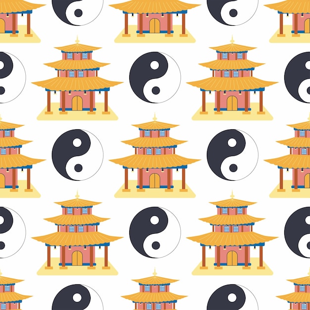 Cartoon chinese house seamless pattern Chinese symbols of the coin with hieroglyphs yinyang red fan lanterns