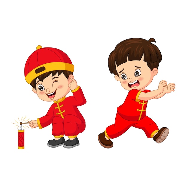 Cartoon Chinese kids with a firecracker