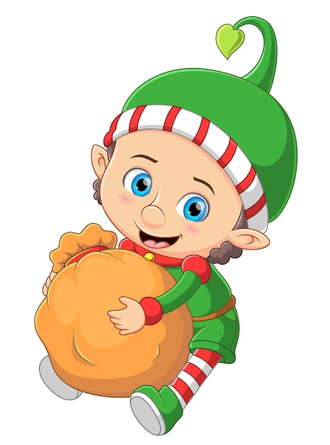 Cartoon christmas elf hugging a sack of gifts