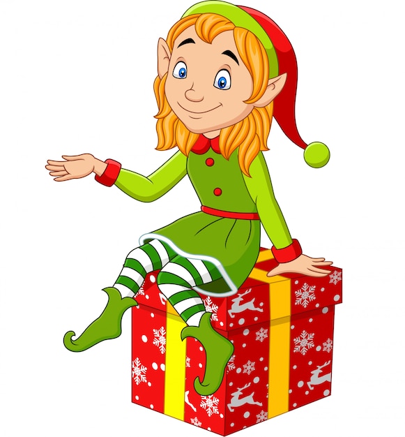 Cartoon christmas elf sitting on the gift