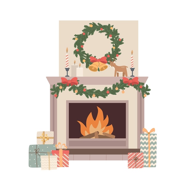 Cartoon Christmas fireplace with wreath gift boxes garland decorations. Cozy winter holiday decor