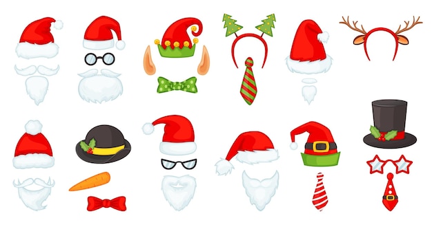 Vector cartoon christmas hats and accessories, photo booth props. santa hat and beard, reindeer antlers, red nose, elf cap, xmas party mask vector set