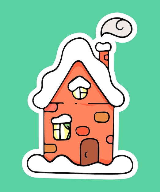 Cartoon Christmas house with snow winter house sticker icon vector design element hand drawn