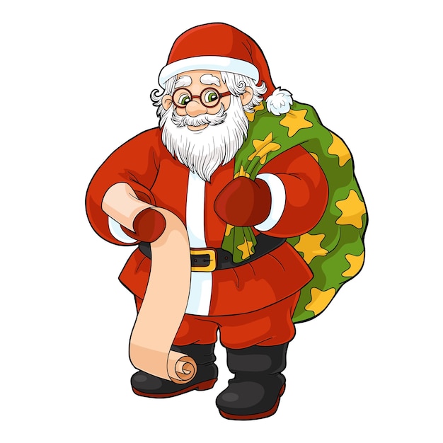 Cartoon Christmas illustration for children Vector Santa Claus with a list of gifts and a bag