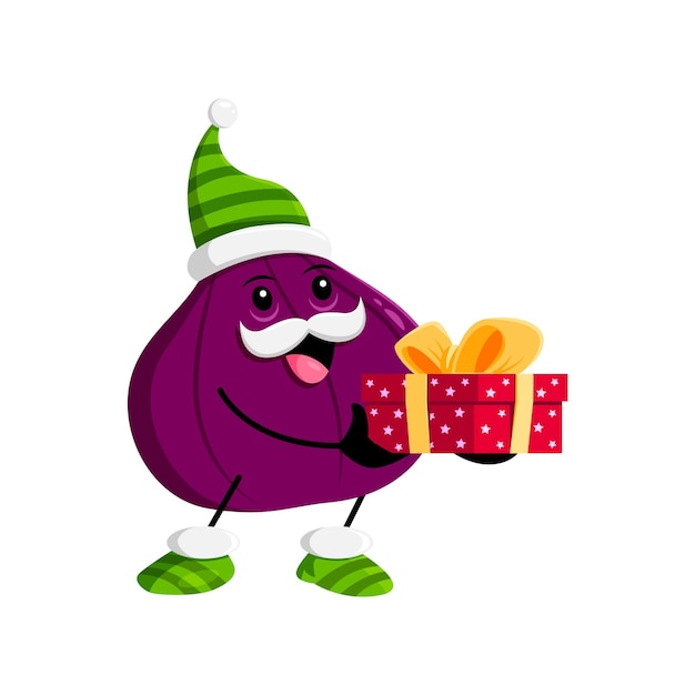 Cartoon Christmas ripe raw figs fruit character with gift box. Isolated vector Santa helper personage with present, mustaches and cheerful smile, wear green striped elf hat, spreading holiday cheer