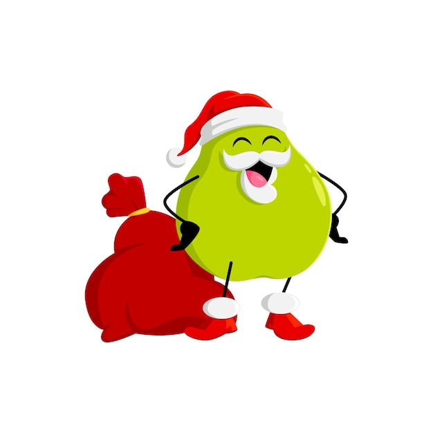 Cartoon Christmas ripe raw green pear fruit character with gifts bag. Isolated vector xmas Father Noel personage deliver presents, spreading festive spirit and joy. Healthy vitamin food Saint Nicholas