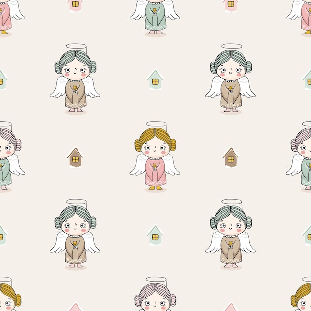 Cartoon Christmas seamless pattern with cute girl angel in hand drawn style