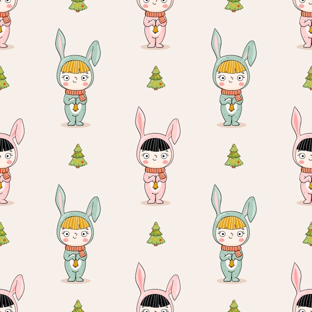 Cartoon christmas seamless pattern with cute girls in animals rabbit costume