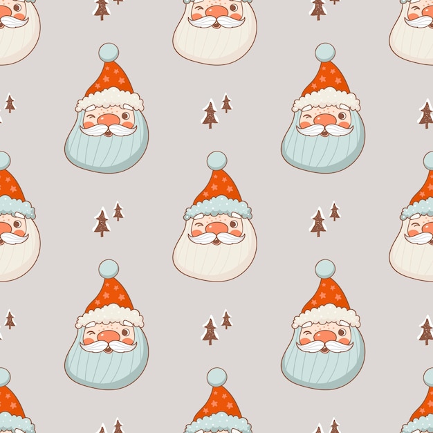 Cartoon christmas seamless pattern with Santa Clause face in hand drawn style