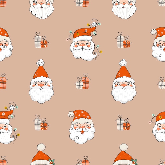 Cartoon christmas seamless pattern with Santa Clause faces and gifts in hand drawn style