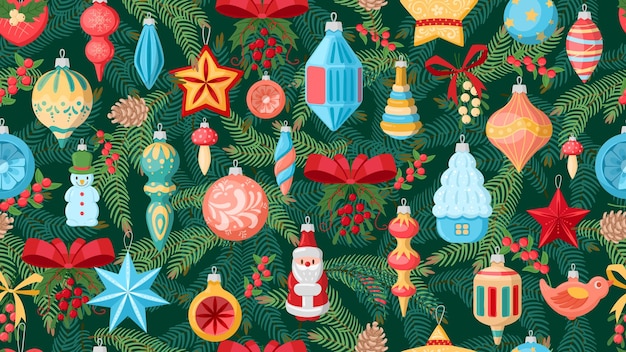 Cartoon Christmas tree decorations and toys seamless pattern vector endless design illustration