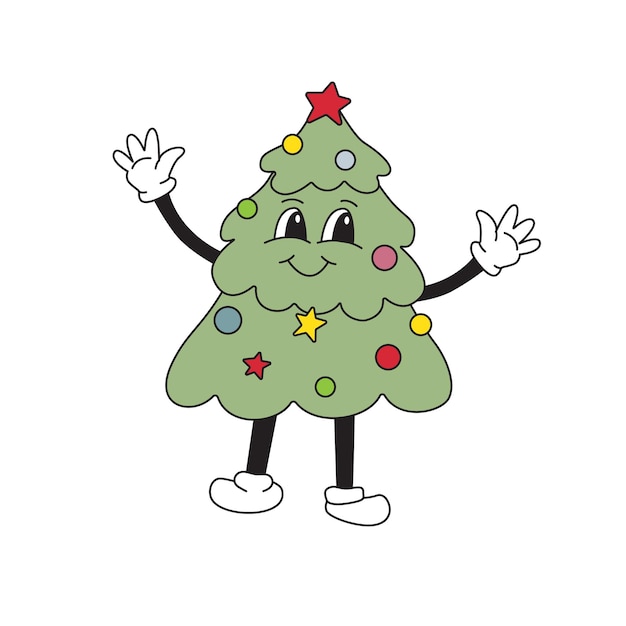 Cartoon Christmas tree mascot character 40s 50s 60s old animation style Vintage comic in trendy cool retro style