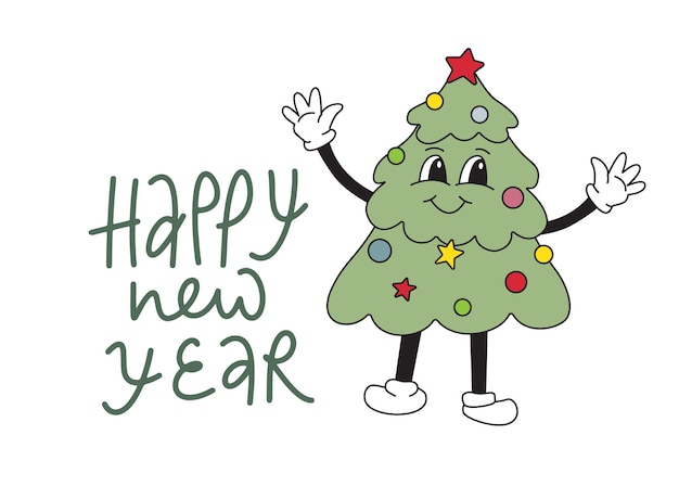 Cartoon christmas tree mascot character s s s old animation style with happy new yera sign