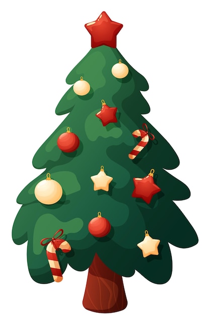 Cartoon Christmas tree with white and red toys on transparent background