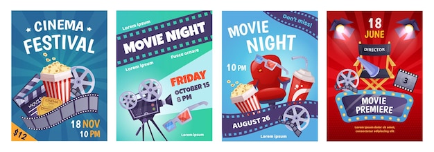 Cartoon cinema poster template, film festival invitation. Movie night event posters with popcorn, soda, camera, movie premiere flyer vector set. Cinematography equipment for industry