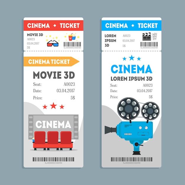 Cartoon Cinema Tickets Vertical Set on a Gray Background Flat Design Style Movie Admit Vector illustration