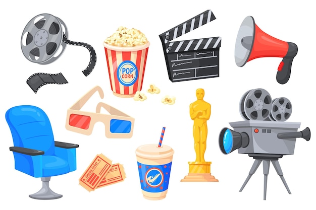 Cartoon cinematography elements Movie theater cinema 3D camera tv filmmaking video film production accessories popcorn actor award drink clapperboard neat vector illustration