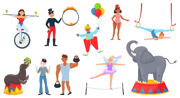 Vector cartoon circus characters carnival artists trained animal performers circus elephant seal clown acrobat magician juggler vector set