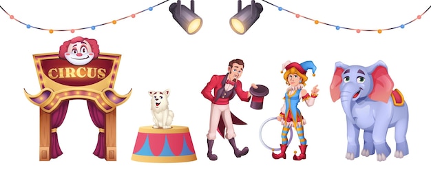 Vector cartoon circus elements with clown magician man and animals