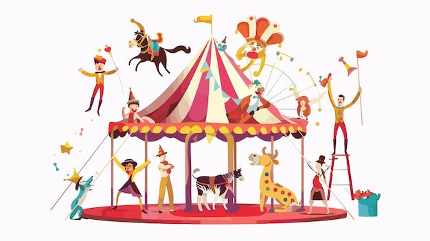 Cartoon Circus Performers on Circus Arena with Clowns