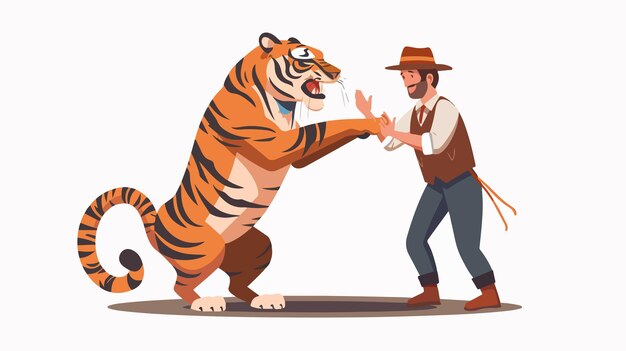 Cartoon Circus Tamer with Tiger on Stage Flat Vector Illustration