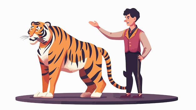 Cartoon Circus Tamer with Tiger on Stage Flat Vector Illustration