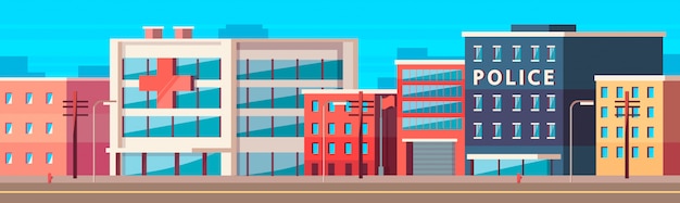 Vector cartoon city, a public street with a police station, fire department, and hospital.