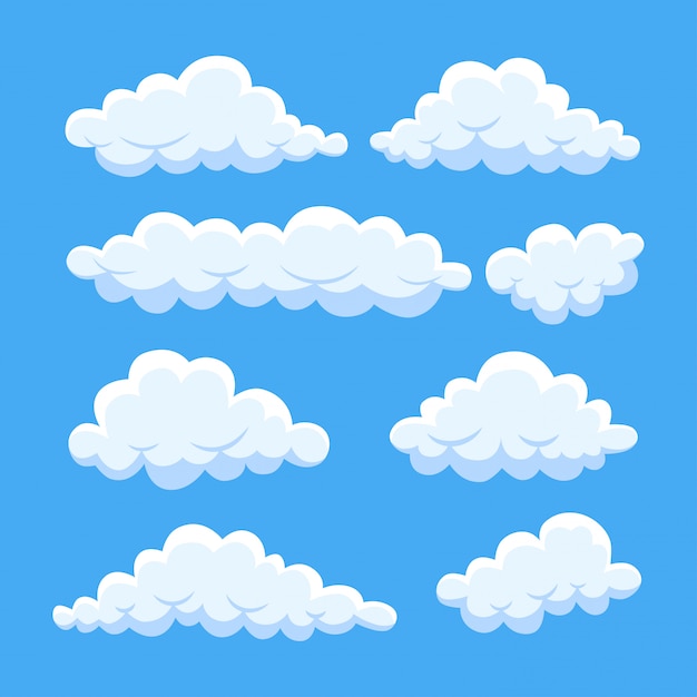 Cartoon clouds in blue sky. Cloudscape isolated on background.