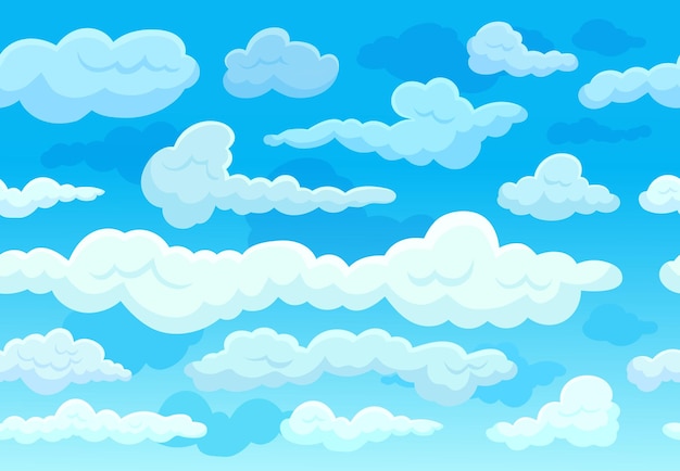 Cartoon clouds on blue sky White cloud flying print simple aerial landscape Natural border spring summer cloudy weather Heaven neoteric vector seamless pattern