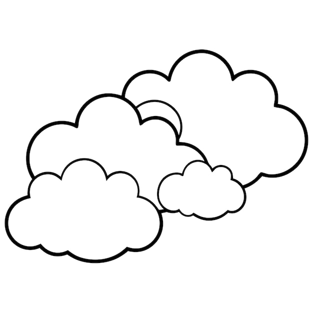 Vector cartoon clouds drawn in line art with varying sizes and black silhouettes on a white background