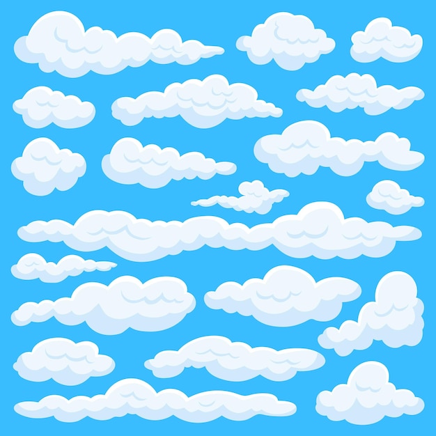 Cartoon clouds set Isolated cloud clipart art game elements Blue sky flat smoke and comic white fluffy shapes Weather neoteric vector collection