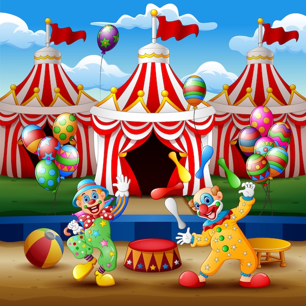 Cartoon clown show and acrobat performance at the arena