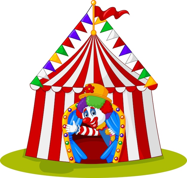 Cartoon clown waving hand in the circus tent