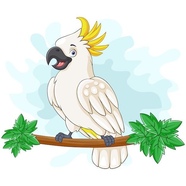 Cartoon cockatoo bird sitting on a tree branch