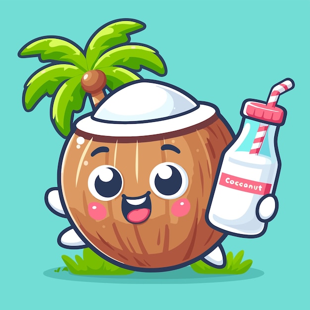 Vector a cartoon coconut holding a bottle of coconut milk