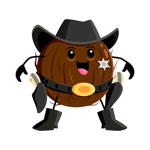 Cartoon coconut sheriff character funny vector coco nut ranger with guns wear cowboy hat star badge and boots Wild west police hero tropical plant western personage happy smile healthy food