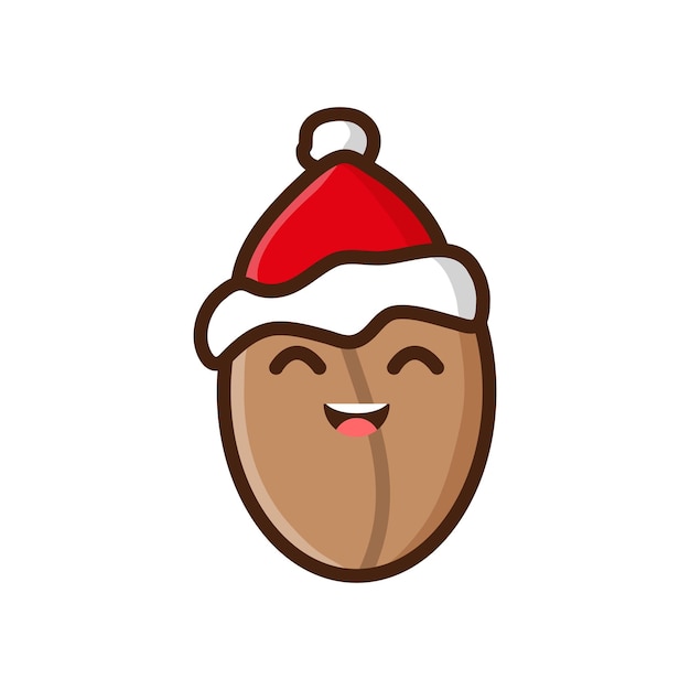 A cartoon coffee bean wearing a Santa hat and smiling