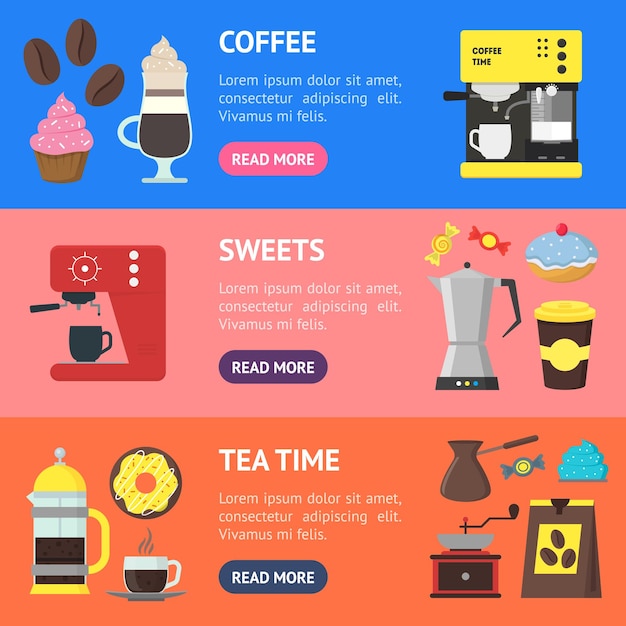 Cartoon Coffee Shop Banner Horizontal Set Vector