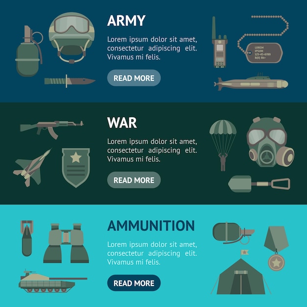 Cartoon Color Army Weapons Banner Horizontal Set Military Concept Flat Design Style Include of Grenade Bomb Gun Helmet and Binocular Vector illustration