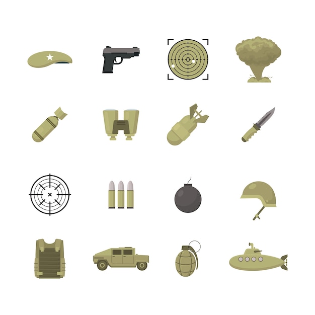 Cartoon Color Army Weapons Icons Set Vector