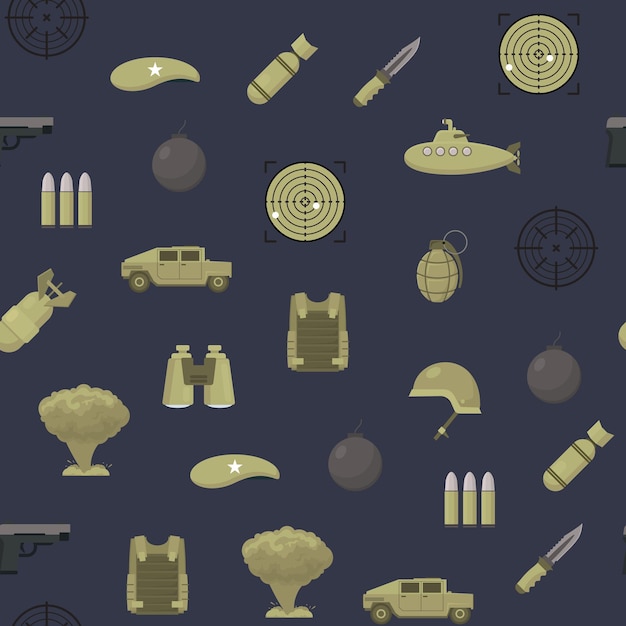 Cartoon Color Army Weapons Seamless Pattern Background Military Concept Flat Design Style Include of Explosion Mine Vest and Target Vector illustration