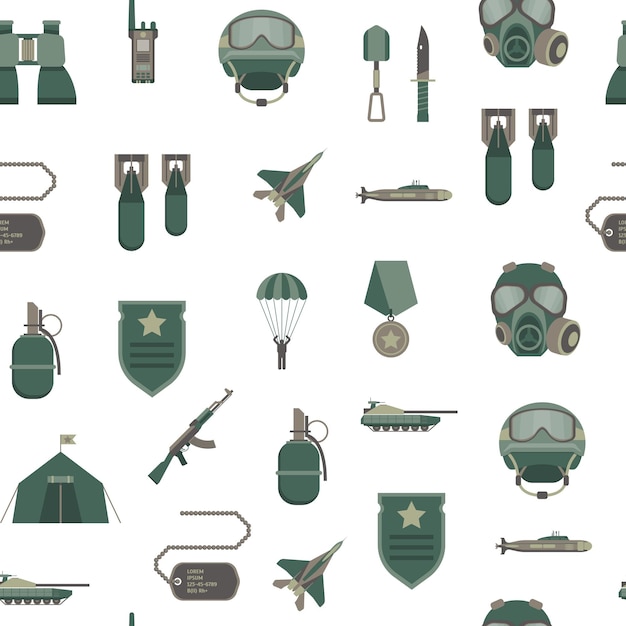 Cartoon Color Army Weapons Seamless Pattern Background on a White Military Concept Flat Design Style Include of Grenade Bomb Gun Helmet and Binocular Vector illustration