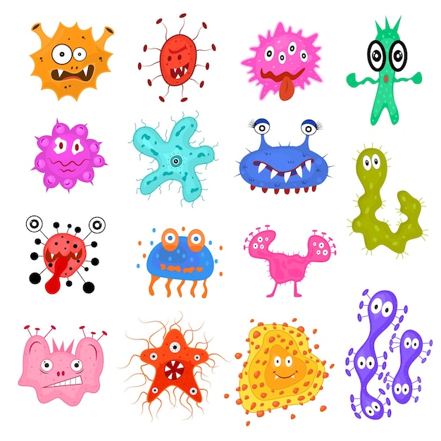 Cartoon Color Characters Bacteria Sign Icon Set Virus Concept Element Flat Design Style Vector illustration of Icons