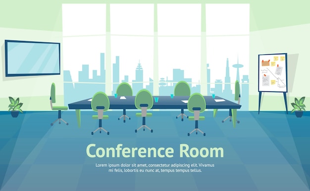 Vector cartoon color conference hall business inside interior concept card vector