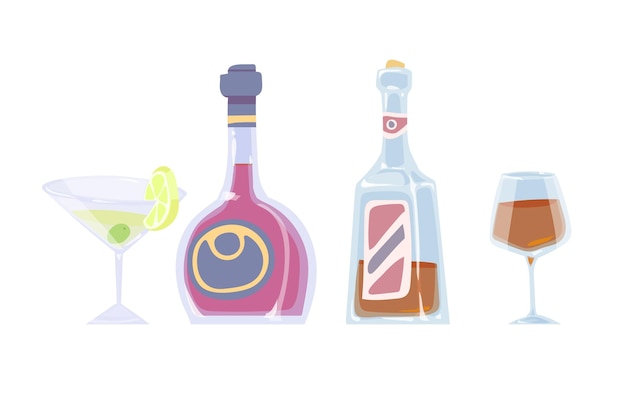 Cartoon color drawing of bottles and glasses with alcoholic drinks on a white background. Vector illustration.